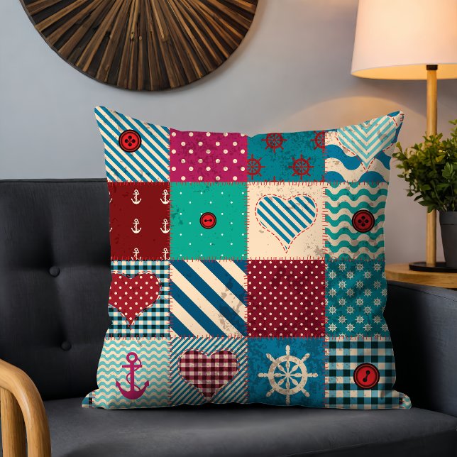 Rustic Nautical Patchwork Anchor Heart Mönster Kudde (Skapare uppladdad)