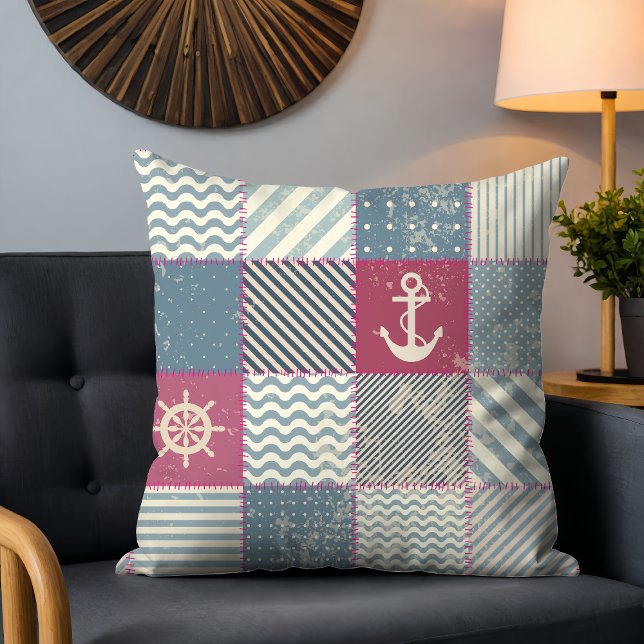 Rustic Nautical Patchwork Rand Anchor Mönster Kudde (Skapare uppladdad)