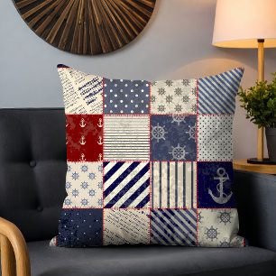 Rustic Nautical Patchwork Rand Anchor Mönster Kudde