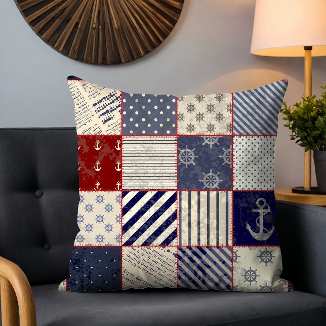 Rustic Nautical Patchwork Rand Anchor Mönster Kudde (Skapare uppladdad)