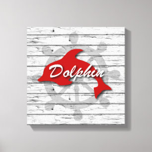 Rustic Nautical Red Dolphin on Distress Wood Canvastryck