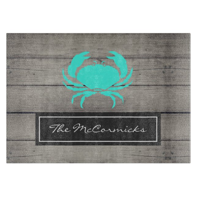 Rustic Nautical Teal Blue Crab Monogram Namn (Framsidan)