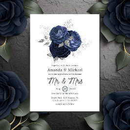 Rustic Navy and Faux Glitter Silver Floral Wedding Inbjudningar