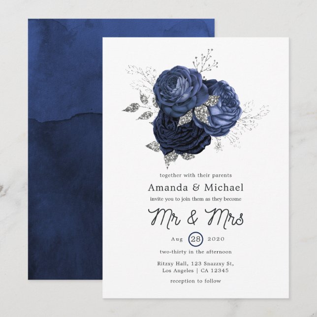 Rustic Navy and Faux Glitter Silver Floral Wedding Inbjudningar (Fram/baksida)
