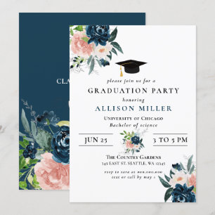 Rustic Navy Blommigt Botanical Studenten Inbjudningar