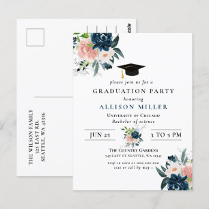 Rustic Navy Blommigt Botanical Studenten Vykort