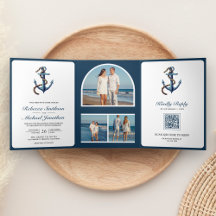 Rustic Navy Blue Anchor Rope Photo QR Code Bröllop