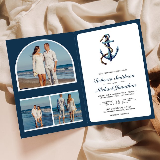 Rustic Navy Blue Anchor Rope Photo QR Code Wedding Inbjudan (Skapare uppladdad)