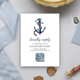Rustic Navy Blue Anchor Rope QR Code OSA Bröllop Tilläggskort