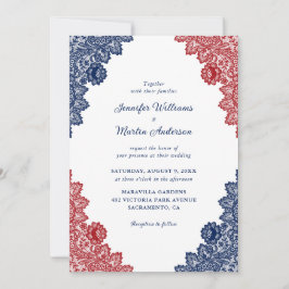 Rustic Navy Blue and Red Blommigt Snöre Bröllop Inbjudningar
