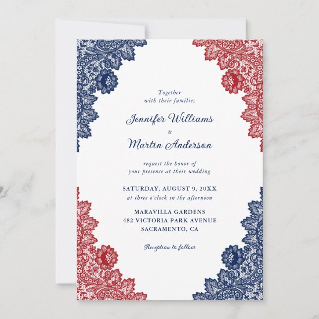 Rustic Navy Blue and Red Blommigt Snöre Bröllop Inbjudningar (Framsida)