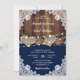 Rustic Navy Blue Barn Wood Burlap Snöre Bröllop Inbjudningar