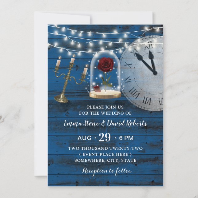Rustic Navy Blue Barn Wood Fairytale Bröllop Inbjudningar (Framsida)