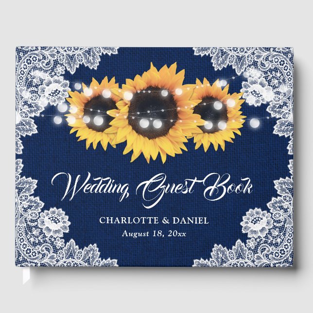 Rustic Navy Blue Burlap and Lace Sunflower Wedding Gästböcker (Framsida)
