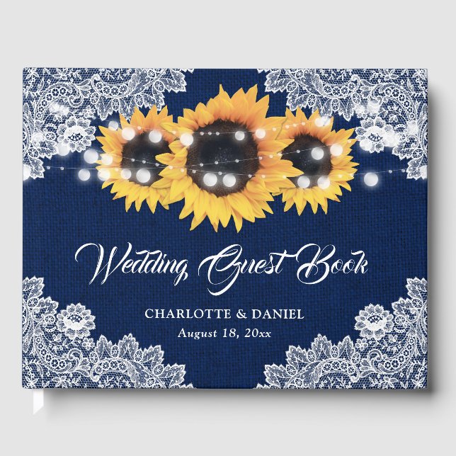 Rustic Navy Blue Burlap Lace Sunflower Wedding Gästböcker (Framsida)