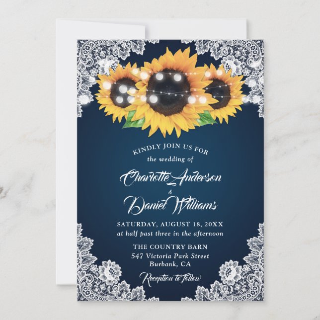 Rustic Navy Blue Burlap Lace Sunflower Wedding Inbjudningar (Framsida)