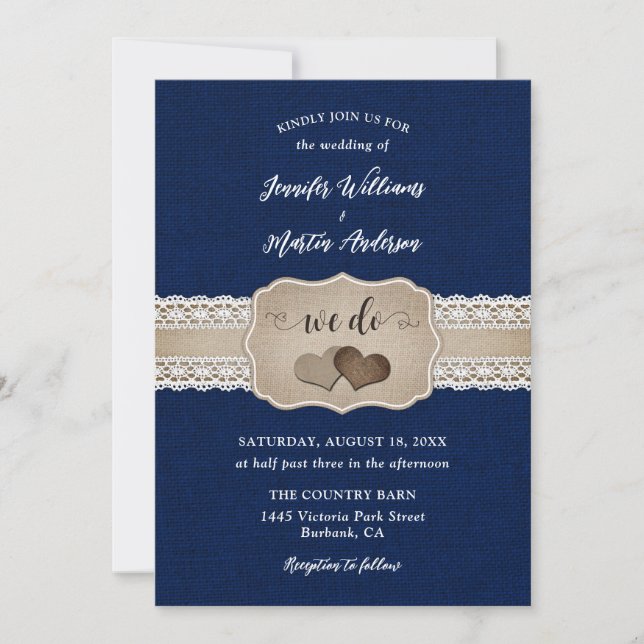 Rustic Navy Blue Burlap och Snöre Bröllop Inbjudningar (Framsida)