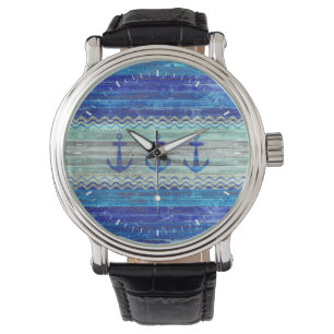 Rustic Navy Blue Coastal Anchors Armbandsur