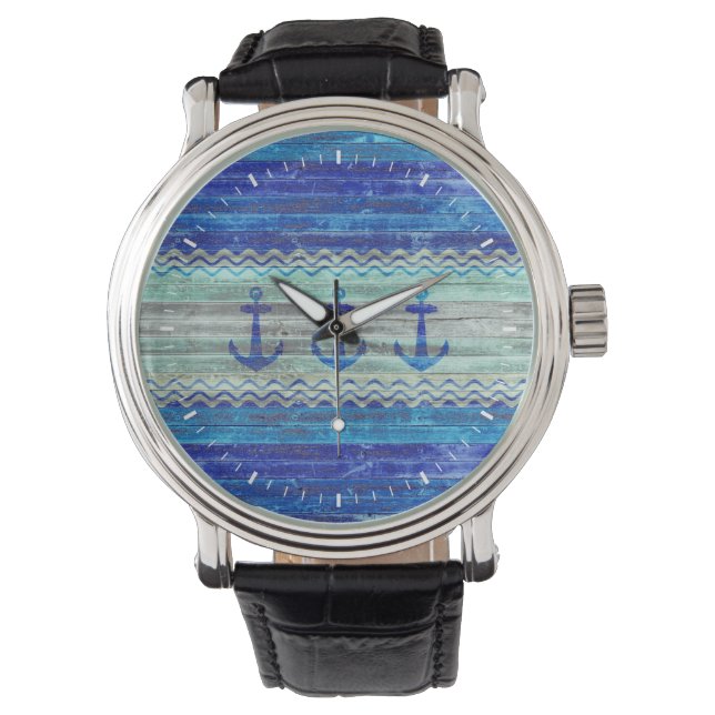 Rustic Navy Blue Coastal Anchors Armbandsur (Framsida)