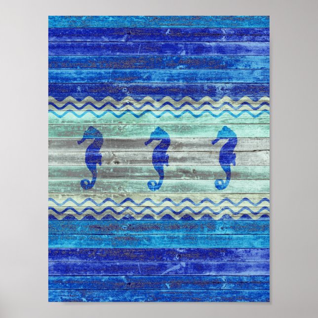 Rustic Navy Blue Coastal Decor Seahorse Poster (Framsidan)