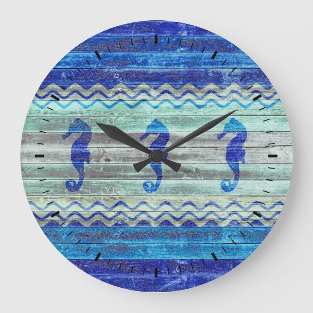 Rustic Navy Blue Coastal Decor Seahorse Stor Klocka (Framsida)