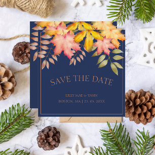 Rustic Navy Blue Fall Höst löv Bröllop Spara Datumet