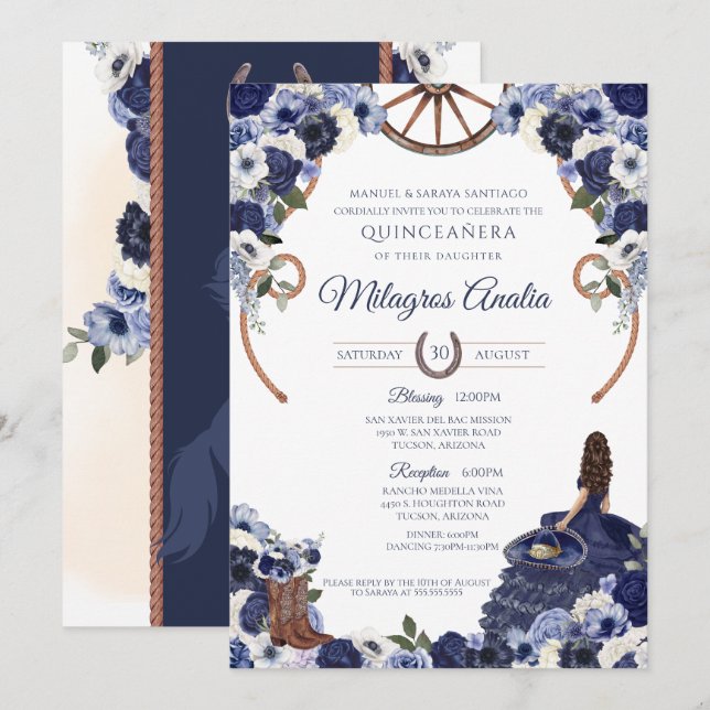 Rustic Navy Blue Flora Western Charro Quinceanera Inbjudningar (Fram/baksida)