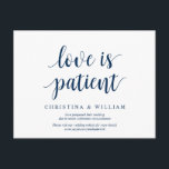 Rustic Navy Blue, kärlek är tålmodig, slätt uppskj Vykort<br><div class="desc">Det här är det minsta moderna,  rena designtemat,  med ett marint blått teckensnitt,  en inbjudan till Bröllopsfesten om ett vykort för omläggning (uppskjuten/uppskjuten) (kärlek är patient). Det är perfekten och eleganten som gör det möjligt att lägga om meddelandet till vänner och familj.</div>