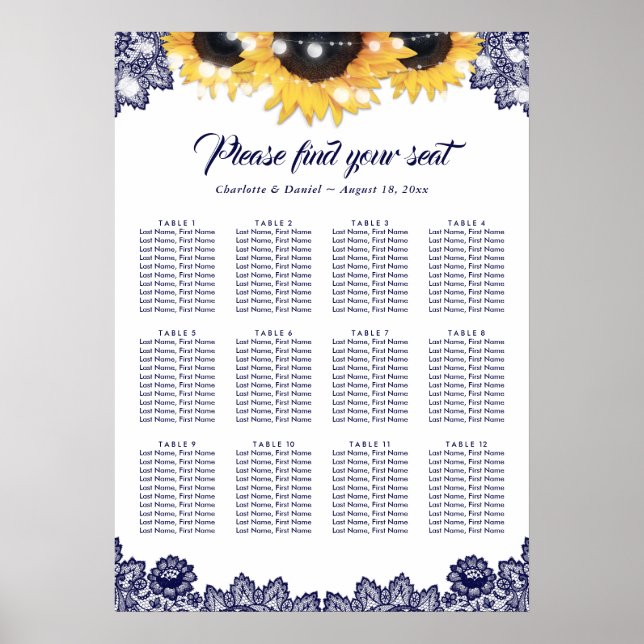 Rustic Navy Blue Lace Sunflower Seating Chart 12 Poster (Framsidan)