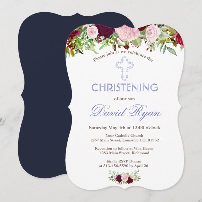 Rustic Navy Blue Marsala Blommigt Christening Inbjudningar (Fram/baksida)