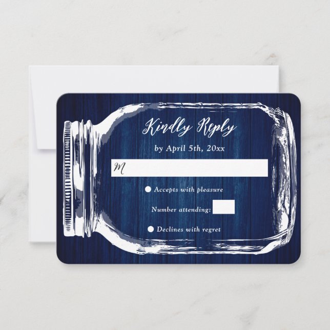 Rustic Navy Blue Mason Burk Bröllop OSA Card (Framsida)