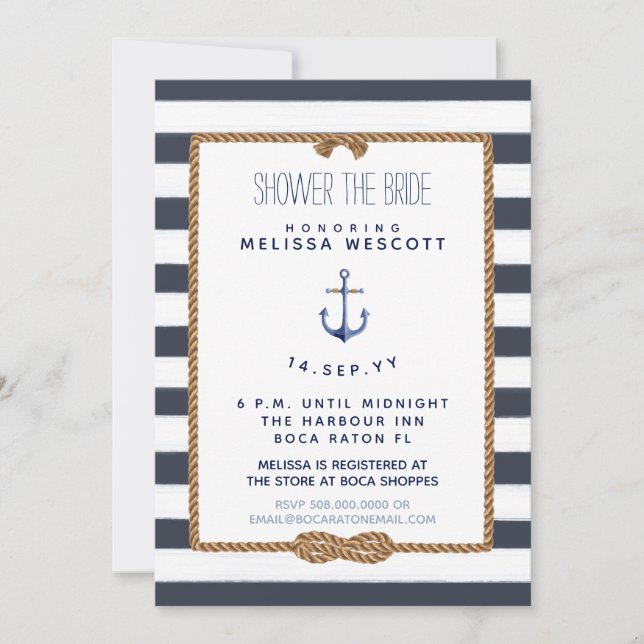 Rustic Navy Blue Nautical Knot Shower the Bride Inbjudningar (Framsida)
