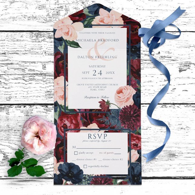 Rustic Navy Blue Peach & Burgundy Blommigt Middag (Skapare uppladdad)
