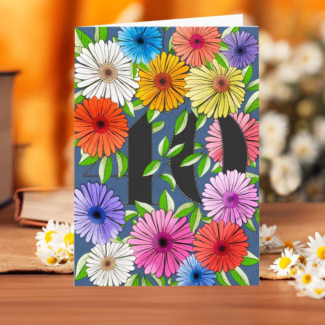 Rustic Navy Blue Personlig 40th Birthday Blommigt Kort (Skapare uppladdad)