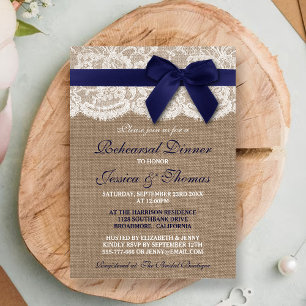 Rustic Navy Blue Ribbon Bröllop Rehearsal Middag Inbjudningar