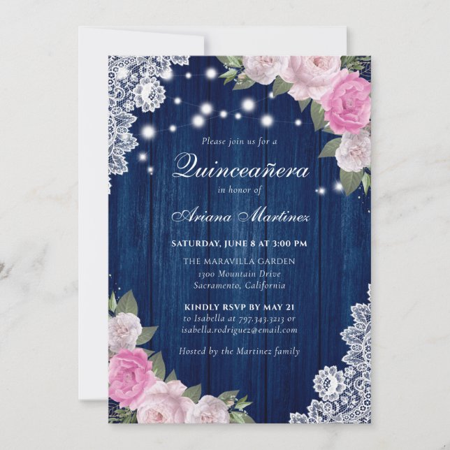Rustic Navy Blue  Rosa Blommigt Quinceañera Inbjudningar (Framsida)