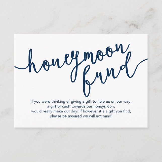 Rustic Navy Blue Script, Bröllop Honeymoon Fund Tilläggskort (Framsida)