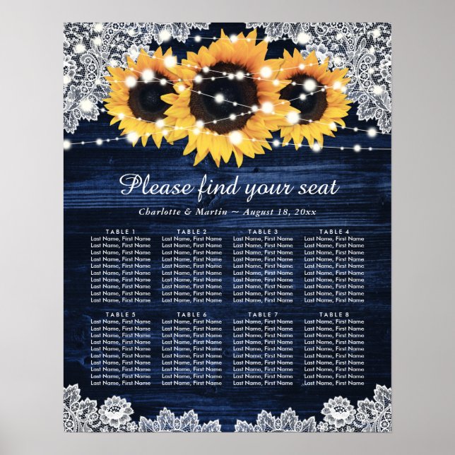 Rustic Navy Blue Solros Bröllop Sittdiagram 8 Poster (Framsidan)