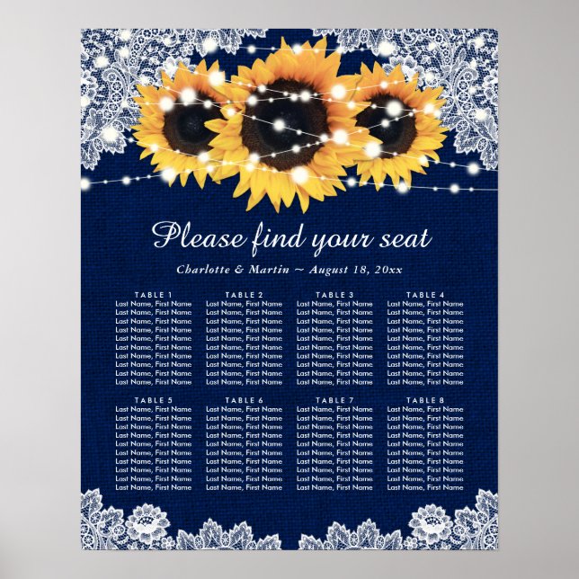 Rustic Navy Blue Solros Bröllop Sittdiagram 8 Poster (Framsidan)