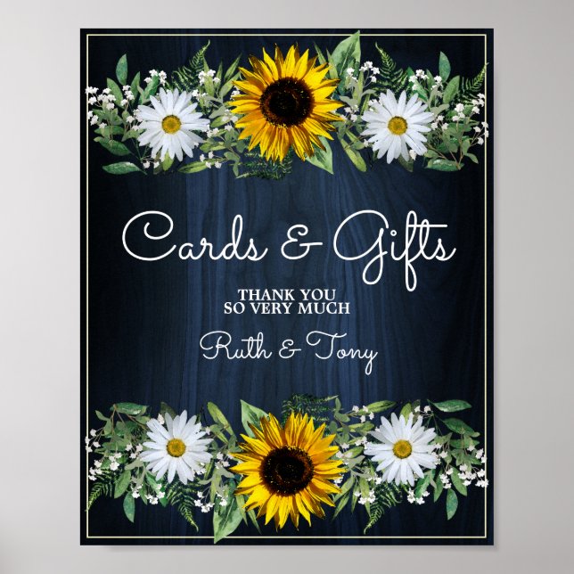 Rustic Navy Blue Solros Bröllopskort & Gifts Poster (Framsidan)