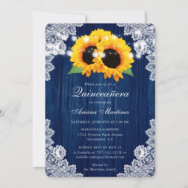 Rustic Navy Blue Solros Wood Snöre Quinceañera Inbjudningar (Framsida)
