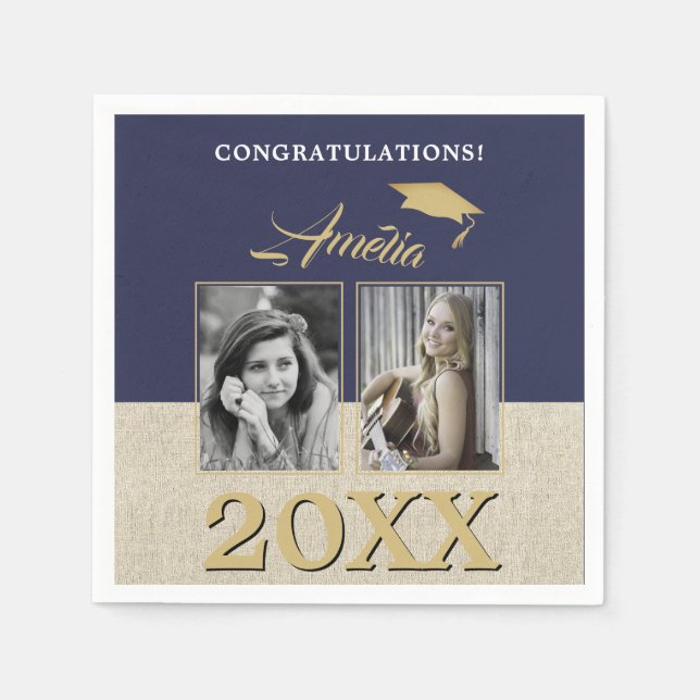 Rustic Navy Blue Student 2 Photo Studenten Pappersservett (Framsidan)