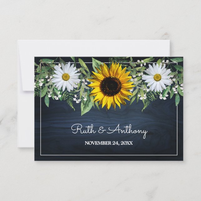 Rustic Navy Blue Sunblommor|Daisy Wedding Favor Tack Kort (Framsida)