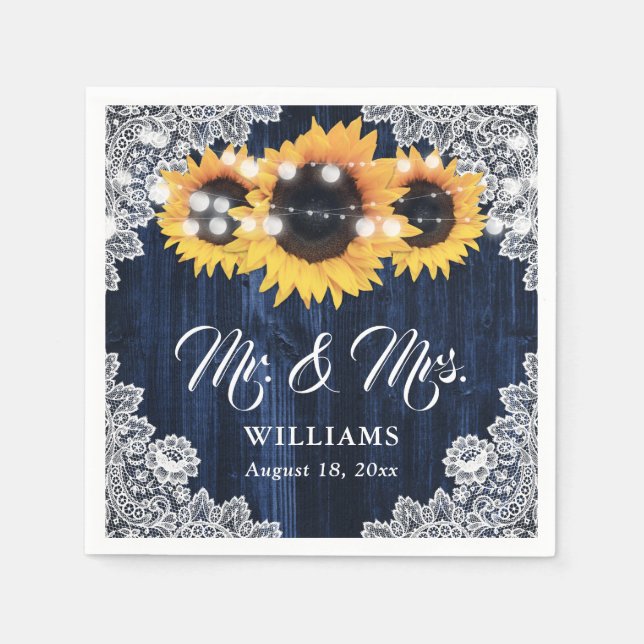Rustic Navy Blue Sunflower Lace Mr and Mrs Wedding Pappersservett (Framsidan)