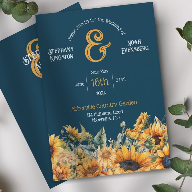 Rustic Navy Blue Sunsun Bröllop Inbjudningar (Elegant Navy Blue Rustic Sunflower and Ampersand Wedding Invitation)