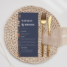 Rustic Navy Blue Terracotta Blommigt Bröllop Menu Meny