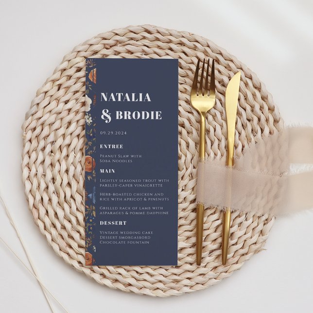 Rustic Navy Blue Terracotta Blommigt Bröllop Menu Meny (Skapare uppladdad)