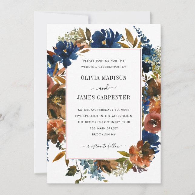 Rustic Navy Blue Terracotta Floral Fall Wedding Inbjudningar (Framsida)