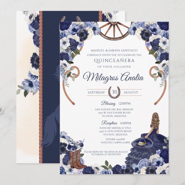 Rustic Navy Blue Western Charro Quinceanera Inbjudningar (Fram/baksida)