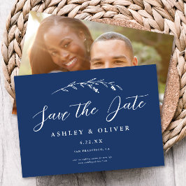 Rustic Navy Blue Wildblomma + Photo Save Date Inbjudningar